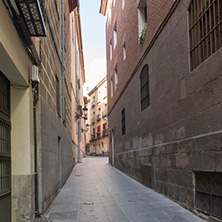 MADRID, SPAIN - JANUARY 23, 2018: Facade of typical Buildings and streets in City of Madrid, Spain