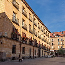 MADRID, SPAIN - JANUARY 23, 2018: Facade of typical Buildings and streets in City of Madrid, Spain