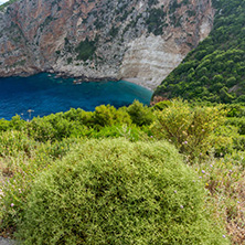 Blue water and rocks of beach at Zakynthos island, Greece