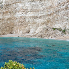 Blue water and rocks of beach at Zakynthos island, Greece