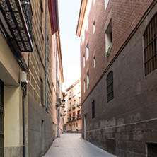 MADRID, SPAIN - JANUARY 23, 2018: Facade of typical Buildings and streets in City of Madrid, Spain