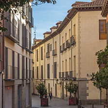 MADRID, SPAIN - JANUARY 23, 2018: Facade of typical Buildings and streets in City of Madrid, Spain