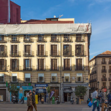 MADRID, SPAIN - JANUARY 23, 2018: Facade of typical Buildings and streets in City of Madrid, Spain