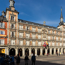 MADRID, SPAIN - JANUARY 23, 2018:  Tourist visiting Plaza Mayor in city of Madrid, Spain