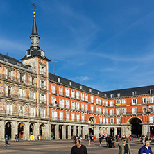 MADRID, SPAIN - JANUARY 23, 2018:  Tourist visiting Plaza Mayor in city of Madrid, Spain