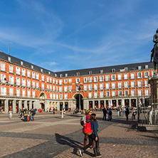 MADRID, SPAIN - JANUARY 23, 2018:  Tourist visiting Plaza Mayor in city of Madrid, Spain