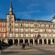 MADRID, SPAIN - JANUARY 23, 2018:  Tourist visiting Plaza Mayor in city of Madrid, Spain