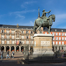 MADRID, SPAIN - JANUARY 23, 2018:  Tourist visiting Plaza Mayor in city of Madrid, Spain