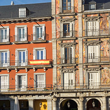 MADRID, SPAIN - JANUARY 23, 2018:  Tourist visiting Plaza Mayor in city of Madrid, Spain