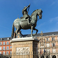 MADRID, SPAIN - JANUARY 23, 2018:  Tourist visiting Plaza Mayor in city of Madrid, Spain