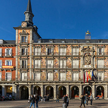 MADRID, SPAIN - JANUARY 23, 2018:  Tourist visiting Plaza Mayor in city of Madrid, Spain