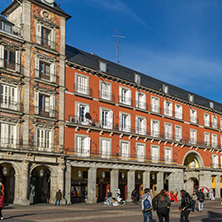 MADRID, SPAIN - JANUARY 23, 2018:  Tourist visiting Plaza Mayor in city of Madrid, Spain