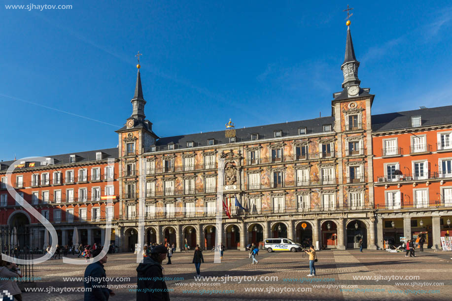 MADRID, SPAIN - JANUARY 23, 2018:  Tourist visiting Plaza Mayor in city of Madrid, Spain