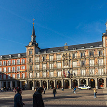 MADRID, SPAIN - JANUARY 23, 2018:  Tourist visiting Plaza Mayor in city of Madrid, Spain