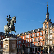 MADRID, SPAIN - JANUARY 23, 2018:  Tourist visiting Plaza Mayor in city of Madrid, Spain