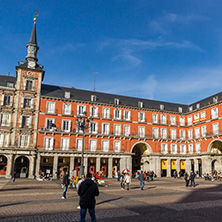 MADRID, SPAIN - JANUARY 23, 2018:  Tourist visiting Plaza Mayor in city of Madrid, Spain