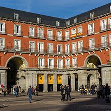 MADRID, SPAIN - JANUARY 23, 2018:  Tourist visiting Plaza Mayor in city of Madrid, Spain