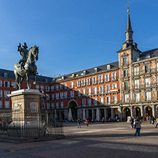 MADRID, SPAIN - JANUARY 23, 2018:  Tourist visiting Plaza Mayor in city of Madrid, Spain