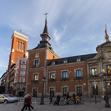 MADRID, SPAIN - JANUARY 23, 2018:  Amazing view of Church of Santa Cruz and Ministry of Foreign Affairs in City of Madrid, Spain