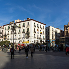 MADRID, SPAIN - JANUARY 23, 2018: Tourist visiting  Plaza de Jacinto Benavente in City of Madrid, Spain