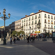 MADRID, SPAIN - JANUARY 23, 2018: Tourist visiting  Plaza de Jacinto Benavente in City of Madrid, Spain