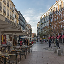 MADRID, SPAIN - JANUARY 23, 2018: Facade of typical Buildings and streets in City of Madrid, Spain