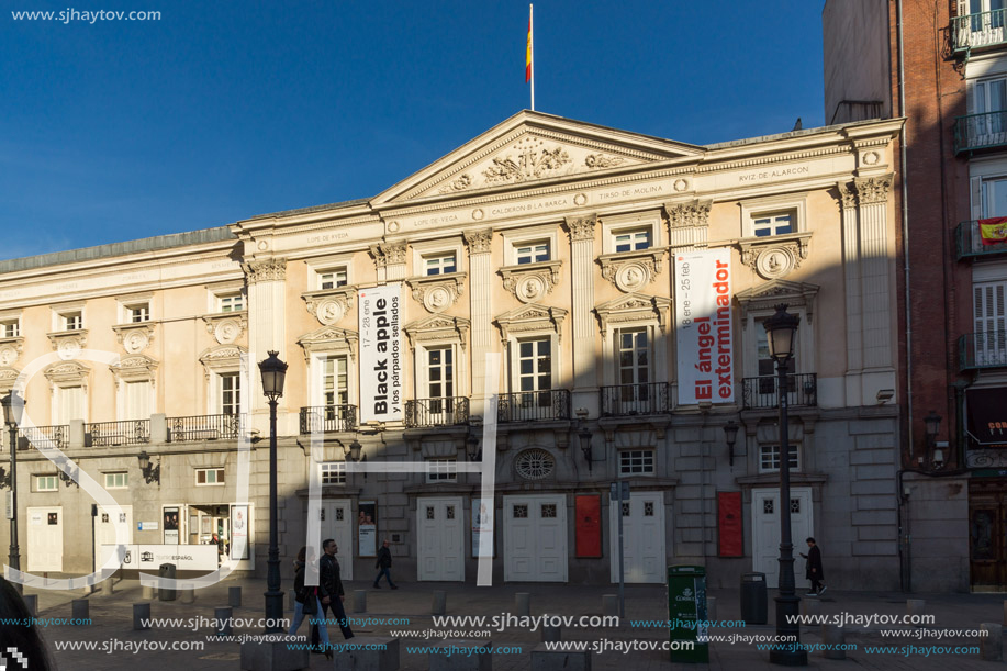 MADRID, SPAIN - JANUARY 23, 2018: Facade of Spanish Theater at Plaza Santa Ana in City of Madrid, Spain