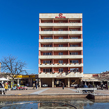 SANDANSKI, BULGARIA - APRIL 4, 2018: The Center and Pedestrian street and Interhotel Sandanski in town of Sandanski, Bulgaria
