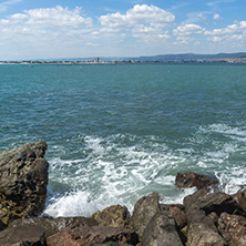 Panorama from coastline of Nessebar to resorts of Sunny Beach, St. Vlas and Elenite, Burgas Region, Bulgaria