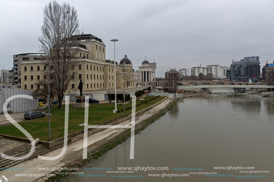 SKOPJE, REPUBLIC OF MACEDONIA - FEBRUARY 24, 2018: Vardar River passing through City of Skopje center, Republic of Macedonia
