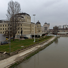 SKOPJE, REPUBLIC OF MACEDONIA - FEBRUARY 24, 2018: Vardar River passing through City of Skopje center, Republic of Macedonia
