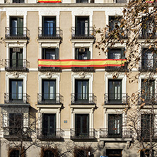 MADRID, SPAIN - JANUARY 24, 2018: Facade of typical Buildings and streets in City of Madrid, Spain