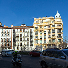 MADRID, SPAIN - JANUARY 24, 2018: Facade of typical Buildings and streets in City of Madrid, Spain