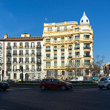 MADRID, SPAIN - JANUARY 24, 2018: Facade of typical Buildings and streets in City of Madrid, Spain