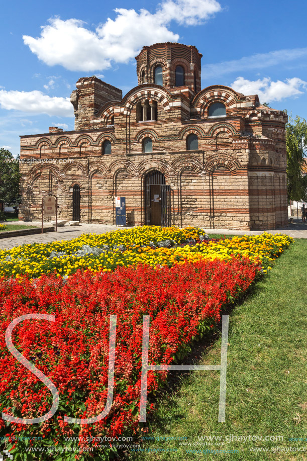 NESSEBAR, BULGARIA - AUGUST 12, 2018: Summer view of Ancient Church of Christ Pantocrator in the town of Nessebar, Burgas Region, Bulgaria