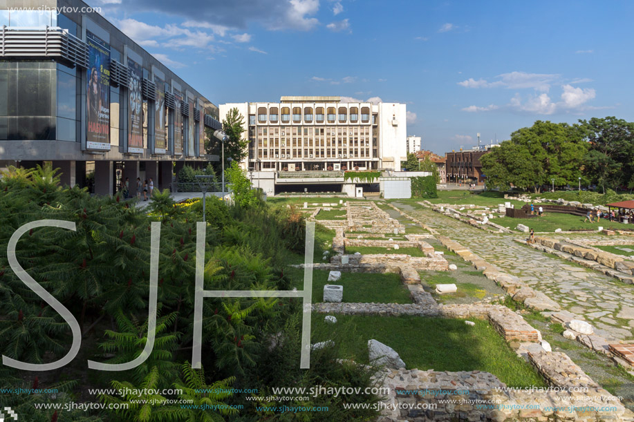 STARA ZAGORA, BULGARIA - AUGUST 5, 2018: Regional Library, State Opera and Ruins of Ancient Augusta Traiana  in the center of city of Stara Zagora, Bulgaria