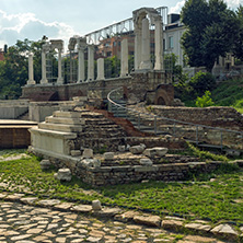STARA ZAGORA, BULGARIA - AUGUST 5, 2018:  Auditorium of the Antique Forum at ruins of Augusta Traiana in the center of city of Stara Zagora, Bulgaria