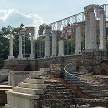 STARA ZAGORA, BULGARIA - AUGUST 5, 2018:  Auditorium of the Antique Forum at ruins of Augusta Traiana in the center of city of Stara Zagora, Bulgaria