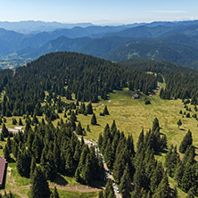 Summer landscape of Rhodope Mountains from Snezhanka tower near ski resort Pamporovo, Smolyan Region, Bulgaria