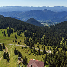 Summer landscape of Rhodope Mountains from Snezhanka tower near ski resort Pamporovo, Smolyan Region, Bulgaria