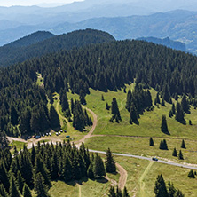 Summer landscape of Rhodope Mountains from Snezhanka tower near ski resort Pamporovo, Smolyan Region, Bulgaria