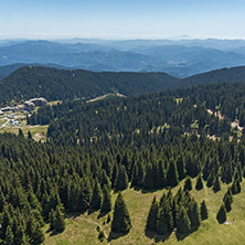 Summer landscape of Rhodope Mountains from Snezhanka tower near ski resort Pamporovo, Smolyan Region, Bulgaria