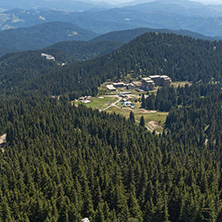 Summer landscape of Rhodope Mountains from Snezhanka tower near ski resort Pamporovo, Smolyan Region, Bulgaria