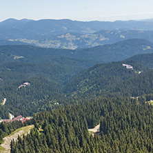 Summer landscape of Rhodope Mountains from Snezhanka tower near ski resort Pamporovo, Smolyan Region, Bulgaria