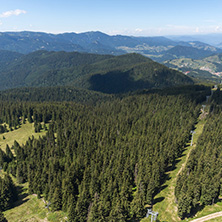 Summer landscape of Rhodope Mountains from Snezhanka tower near ski resort Pamporovo, Smolyan Region, Bulgaria