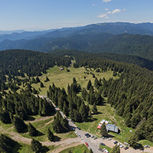 Summer landscape of Rhodope Mountains from Snezhanka tower near ski resort Pamporovo, Smolyan Region, Bulgaria