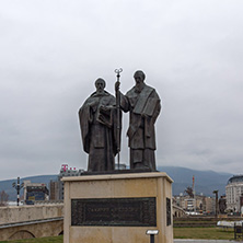 SKOPJE, REPUBLIC OF MACEDONIA - FEBRUARY 24, 2018:  Monument of St. Cyril and Methodius in Skopje, Republic of Macedonia