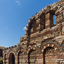 NESSEBAR, BULGARIA - AUGUST 12, 2018: Ruins of Ancient Church of the Holy Archangels Michael and Gabriel in the town of Nessebar, Burgas Region, Bulgaria