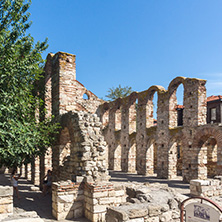 NESSEBAR, BULGARIA - AUGUST 12, 2018: Ruins of Ancient Church of Saint Sophia in the town of Nessebar, Burgas Region, Bulgaria