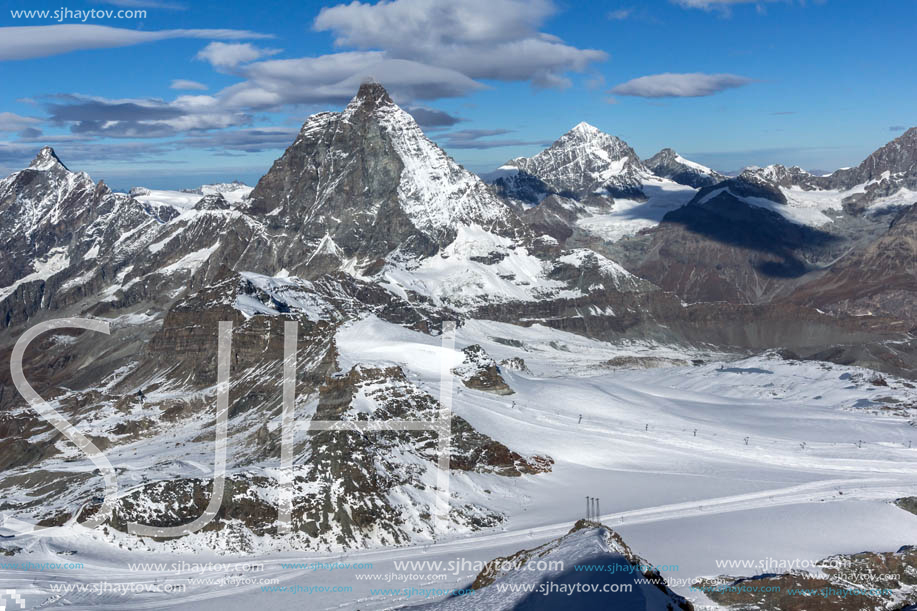 Amazing Winter view of mount Matterhorn covered with clouds, Canton of Valais, Alps, Switzerland